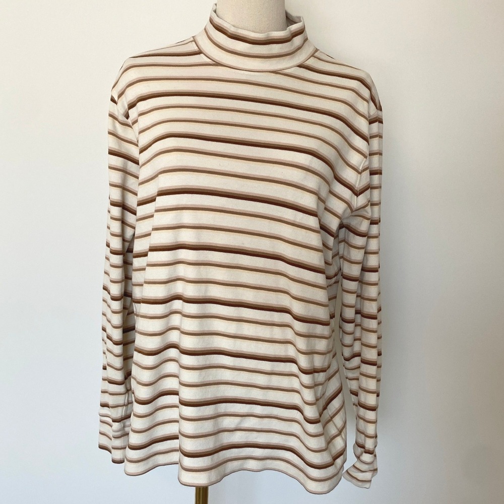 Lands' End Cream Brown Striped Mockneck Long Sleeve Top Large 100% Cotton